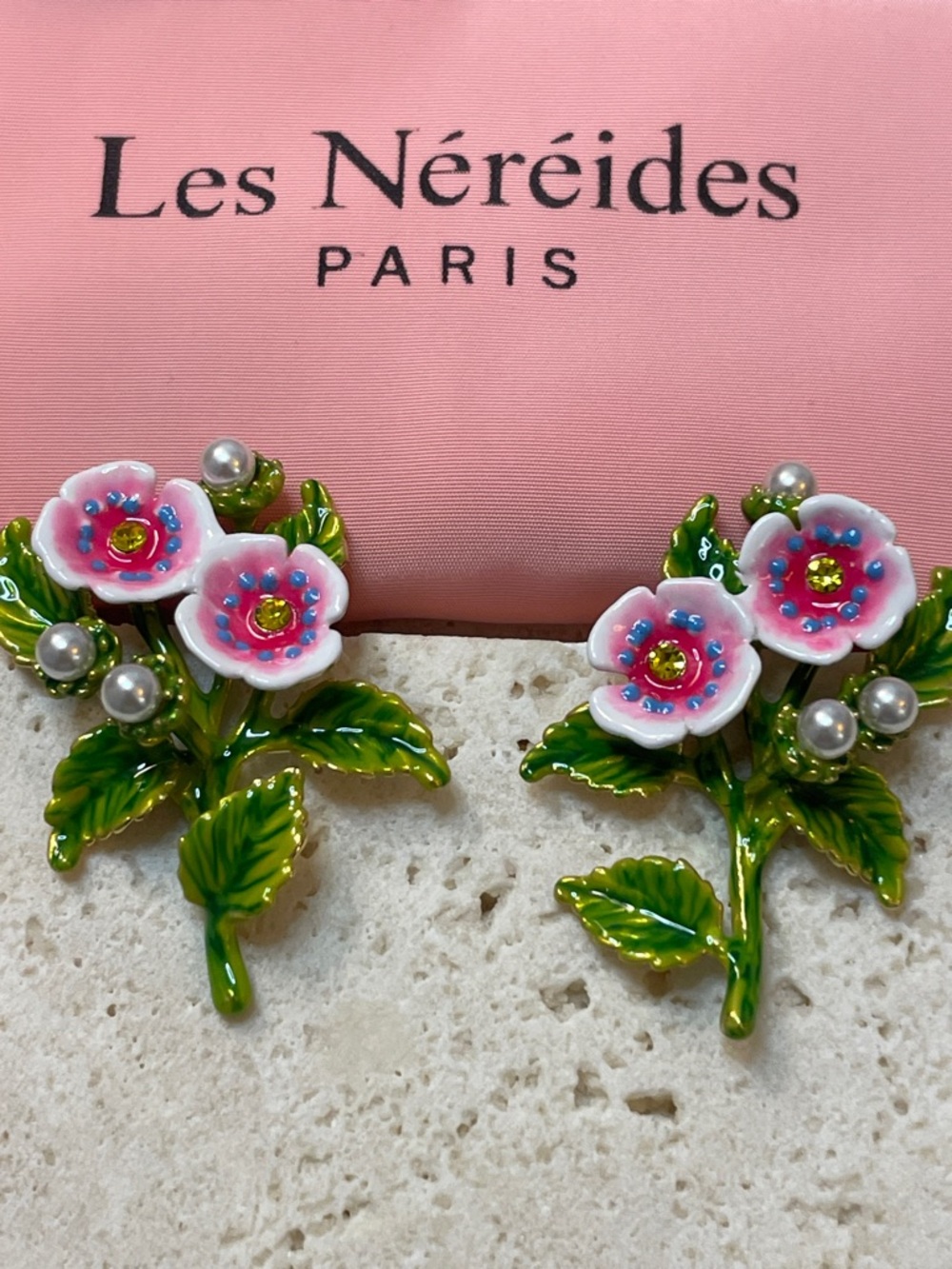 Les Néréides Pink Floral Enamel Earrings Botanical Flower Pearl Paris
